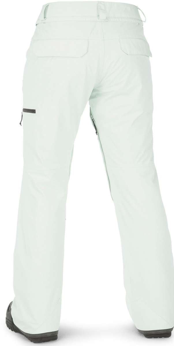 Volcom Women's Knox Insulated GORE-TEX Pant 2023 - A pair of white snow pants with a zippered pocket on the right thigh and black hardware.