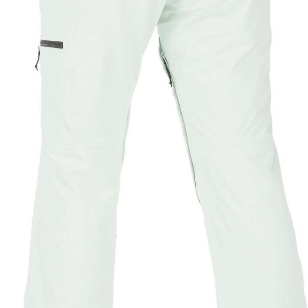 Volcom Women's Knox Insulated GORE-TEX Pant 2023 - A pair of white snow pants with a zippered pocket on the right thigh and black hardware.