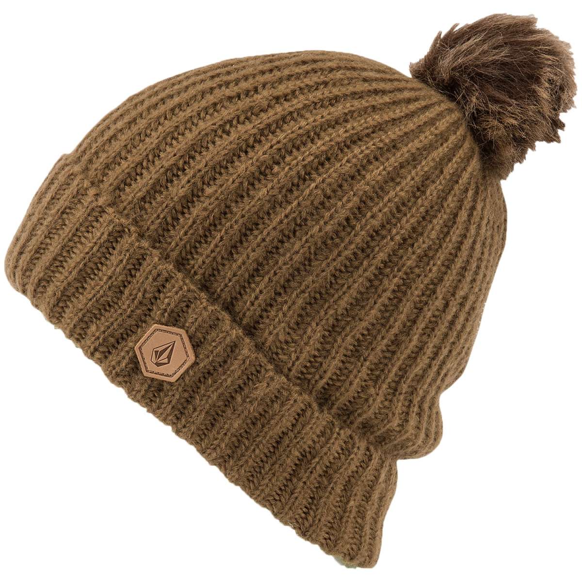 Volcom Women's Lula Beanie 2022 - A brown beanie with a small, tan logo on the front.
