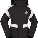 Volcom Women's Melancon GORE-TEX Jacket - A black jacket with a white stripe on the left sleeve and a white logo patch on the right chest.