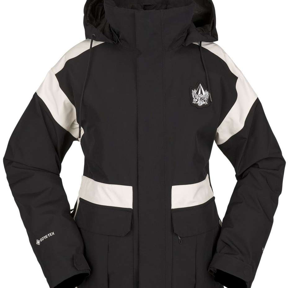 Volcom Women's Melancon GORE-TEX Jacket - A black jacket with a white stripe on the left sleeve and a white logo patch on the right chest.