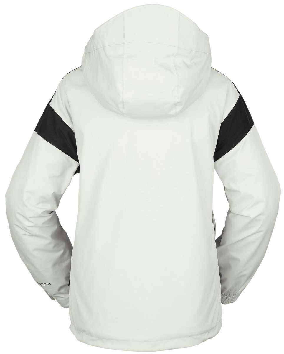 Volcom Women's Melancon GORE-TEX Jacket 2023 - A white jacket with black accents on the shoulders and chest, featuring a hood and zippered pockets.
