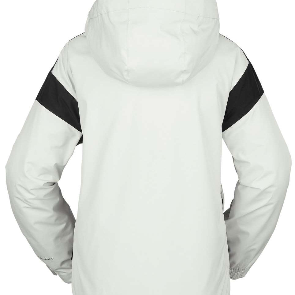 Volcom Women's Melancon GORE-TEX Jacket 2023 - A white jacket with black accents on the shoulders and chest, featuring a hood and zippered pockets.
