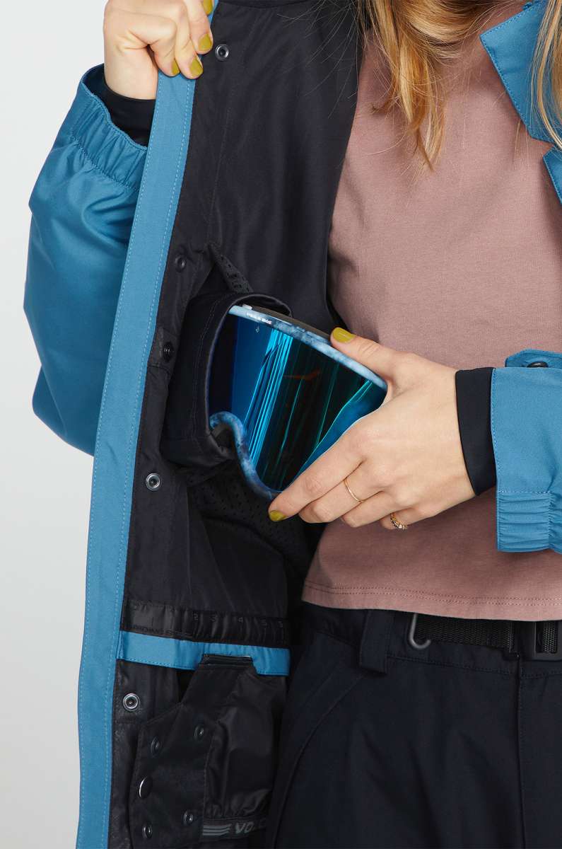 Volcom Women's Melancon GORE-TEX Jacket - A black jacket with a blue stripe down the side and a hood, featuring a zipper closure.