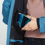 Volcom Women's Melancon GORE-TEX Jacket - A black jacket with a blue stripe down the side and a hood, featuring a zipper closure.