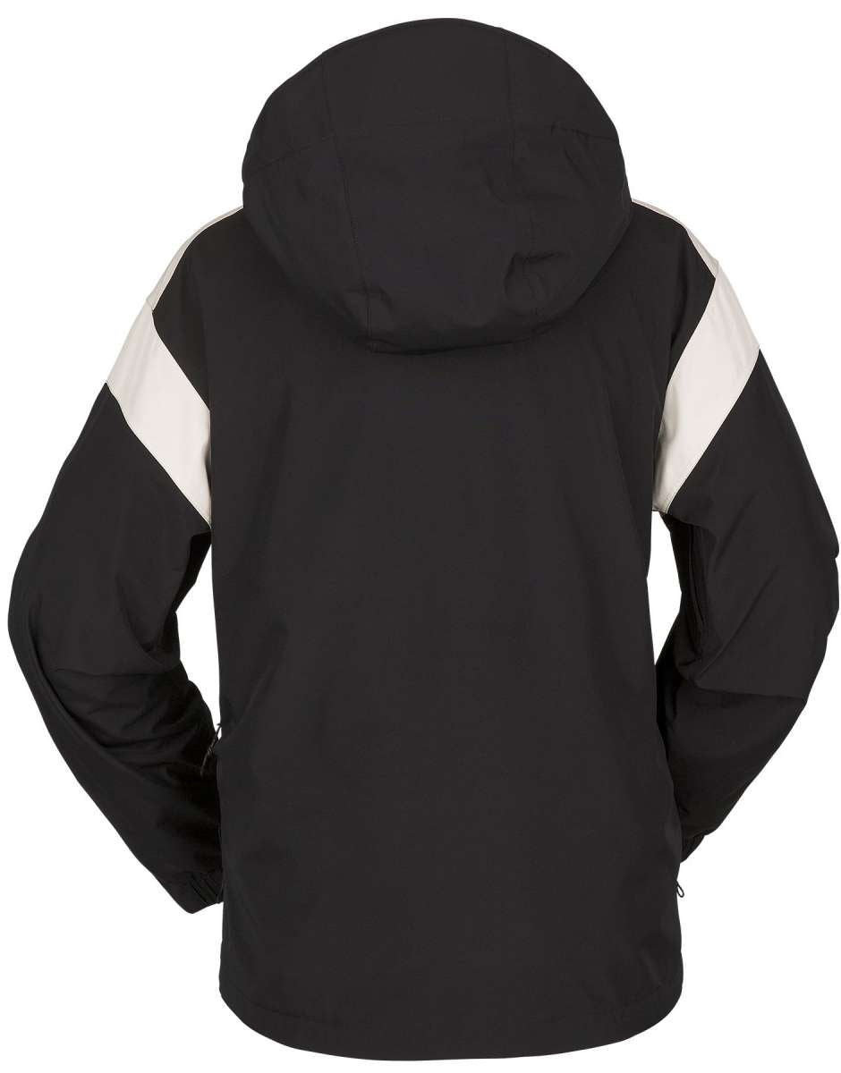 Volcom Women's Melancon GORE-TEX Jacket - A black jacket with a white stripe on the left shoulder and a hood, featuring two zippered pockets on either side of the waist.
