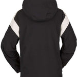 Volcom Women's Melancon GORE-TEX Jacket - A black jacket with a white stripe on the left shoulder and a hood, featuring two zippered pockets on either side of the waist.