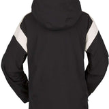 Volcom Women's Melancon GORE-TEX Jacket - A black jacket with a white stripe on the left shoulder and a hood, featuring two zippered pockets on either side of the waist.