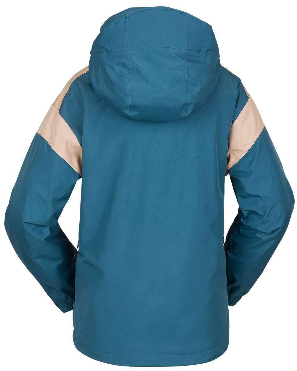 Volcom Women's Melancon GORE-TEX Jacket - A blue jacket with a hood, featuring tan accents on the shoulders and chest.