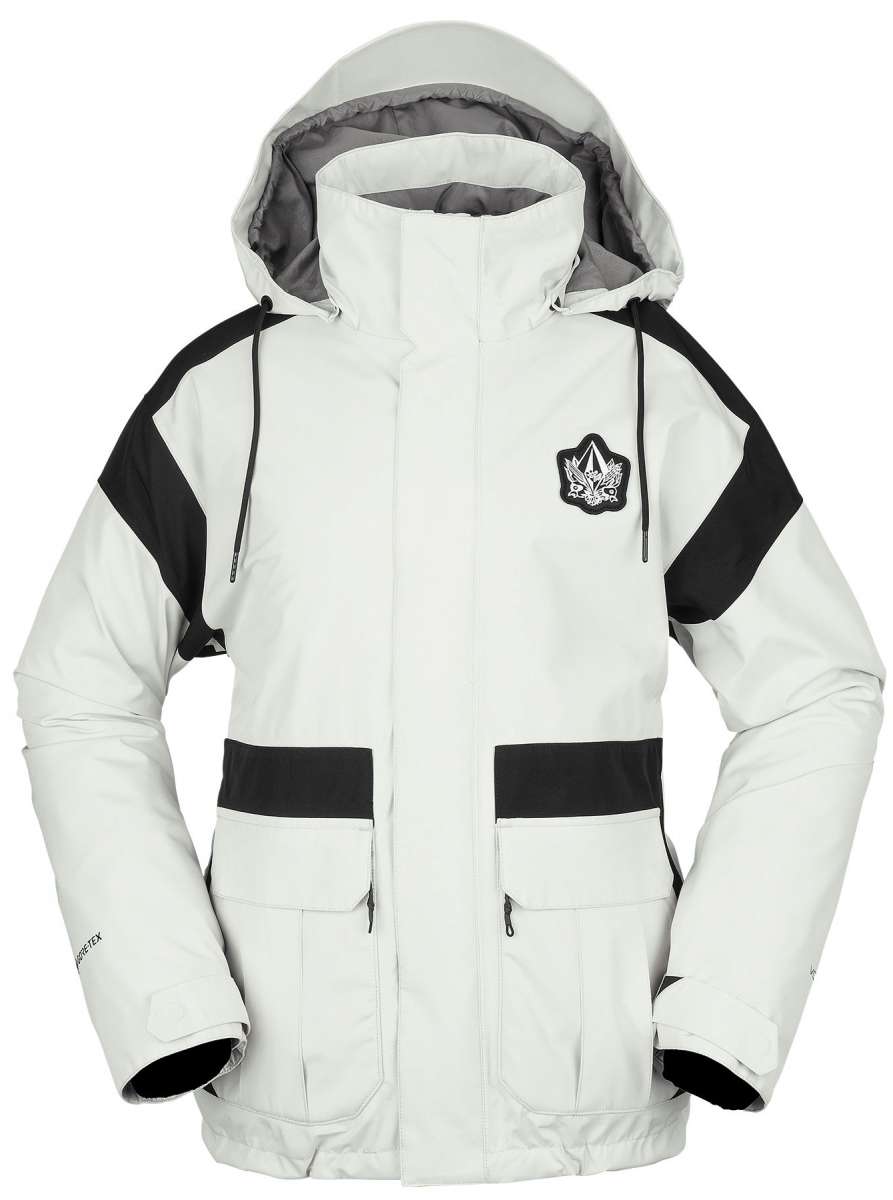 Volcom Women's Melancon GORE-TEX Jacket - A white jacket with black accents and a hood, featuring a logo on the left chest area.