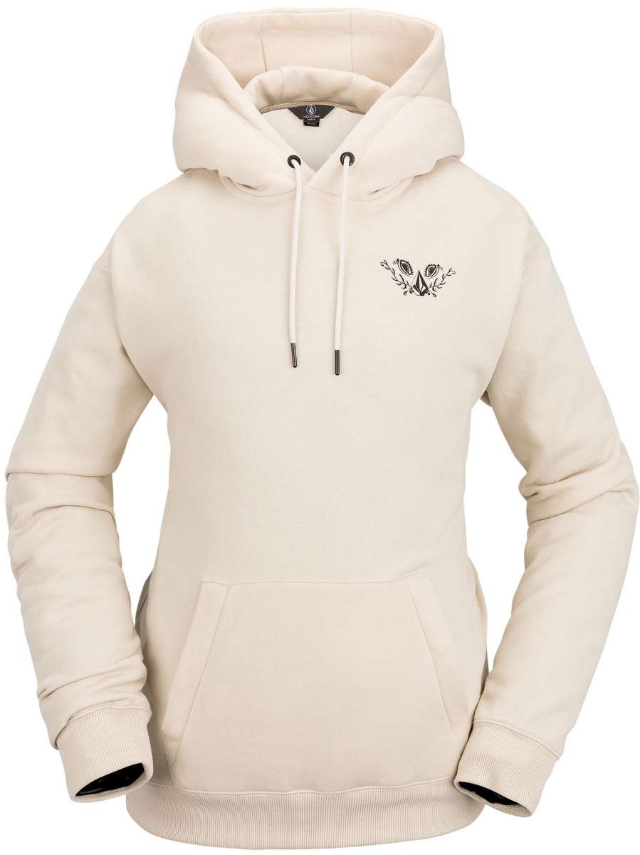 Volcom Women's Melancon Hoodie 2023 - A cream-colored hoodie with a black logo on the chest and drawstrings hanging from the hood.