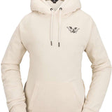 Volcom Women's Melancon Hoodie 2023 - A cream-colored hoodie with a black logo on the chest and drawstrings hanging from the hood.
