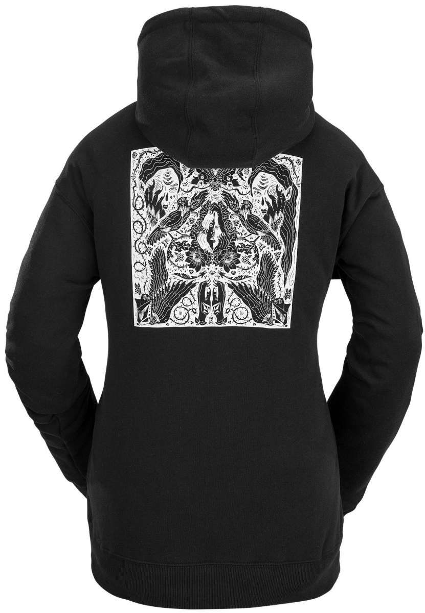 Volcom Women's Melancon Hoodie 2023 - A black hoodie with a white graphic of a woman skiing on the back.