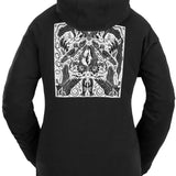 Volcom Women's Melancon Hoodie 2023 - A black hoodie with a white graphic of a woman skiing on the back.
