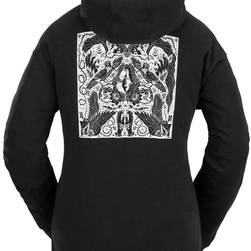 Volcom Women's Melancon Hoodie 2023 - A black hoodie with a white graphic of a woman skiing on the back.