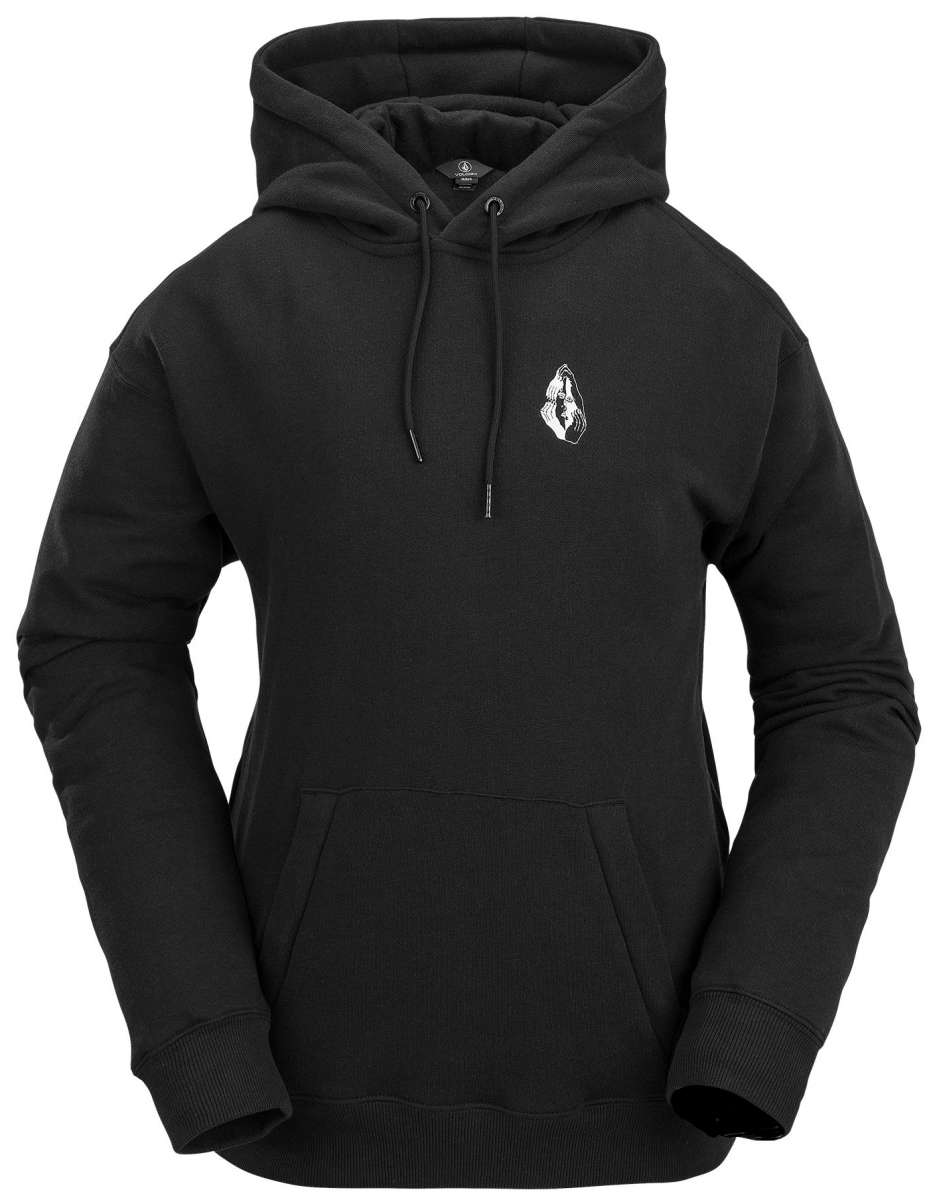 Volcom Women's Melancon Hoodie 2023 - A black hoodie with a white graphic of a woman skiing on the chest.