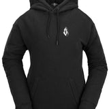 Volcom Women's Melancon Hoodie 2023 - A black hoodie with a white graphic of a woman skiing on the chest.