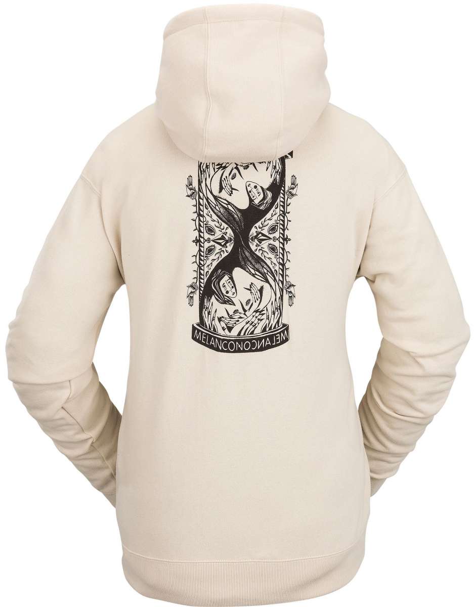 Volcom Women's Melancon Hoodie 2023 - A black hoodie with a graphic of two women on the back, one upside down and one right side up.