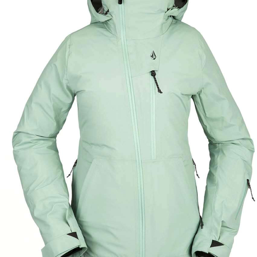 Volcom Women's NYA TDS Infrared Gore Tex Jacket 2022 - A mint green jacket with a hood, featuring black zippers and a small logo on the chest.