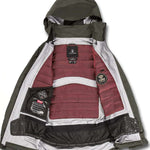 Volcom Women's NYA TDS Infrared Gore Tex Jacket 2022 - A dark green jacket with a hood, featuring a black logo on the chest and a zipper closure.