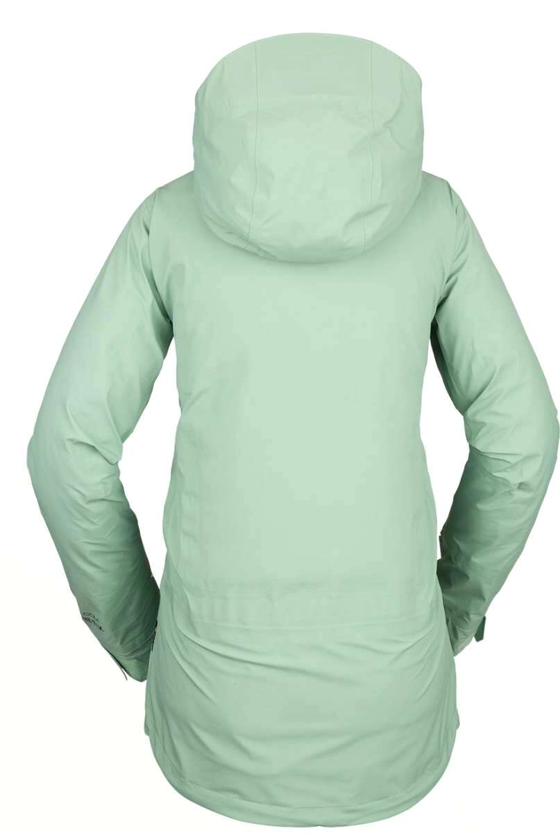 Volcom Women's NYA TDS Infrared Gore Tex Jacket 2022 - A mint green jacket with a hood, featuring black zippers and a logo on the left sleeve.