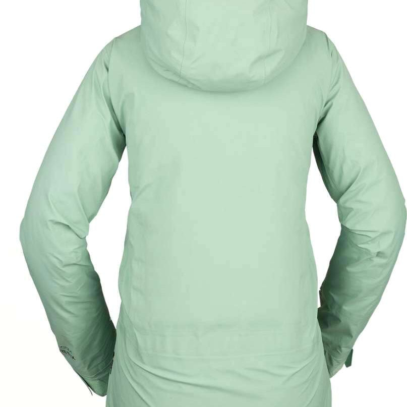 Volcom Women's NYA TDS Infrared Gore Tex Jacket 2022 - A mint green jacket with a hood, featuring black zippers and a logo on the left sleeve.