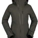 Volcom Women's NYA TDS Infrared Gore Tex Jacket 2022 - A dark green jacket with a hood, featuring a zipper down the front and two zippered pockets on either side.