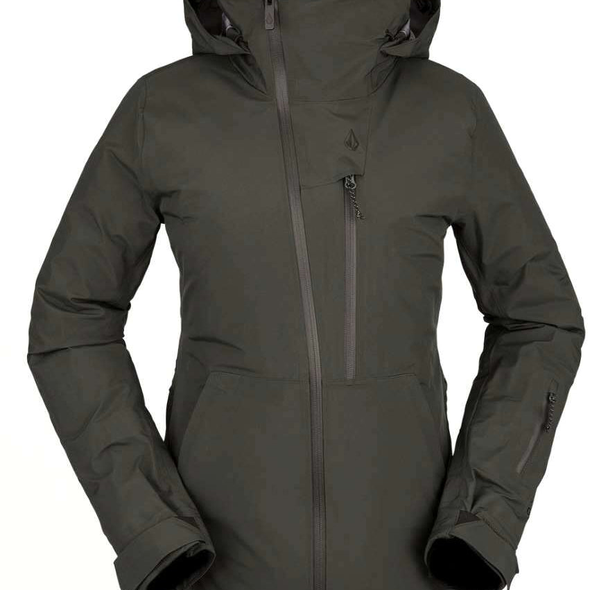 Volcom Women's NYA TDS Infrared Gore Tex Jacket 2022 - A dark green jacket with a hood, featuring a zipper down the front and two zippered pockets on either side.