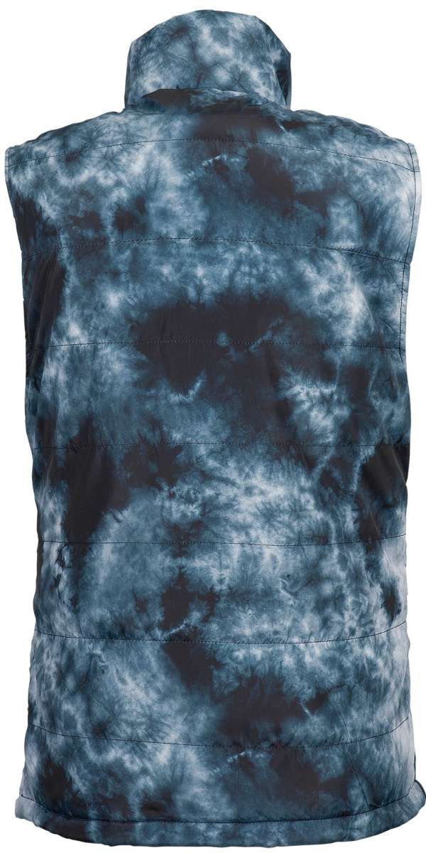 Volcom Women's Packable Puff Vest 2023 - A black and white tie-dye patterned vest with a hood.