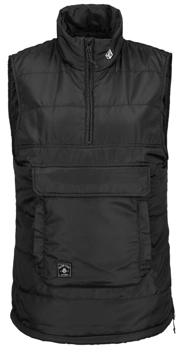 Volcom Women's Packable Puff Vest 2023 - A black puffer vest with a zippered front and two pockets on either side.