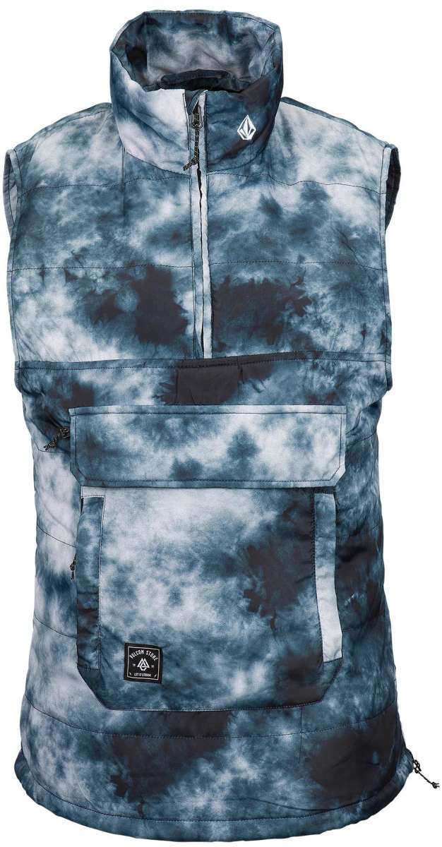 Volcom Women's Packable Puff Vest 2023 - A blue and white tie-dye patterned vest with a high collar, zippered front, and two front pockets.