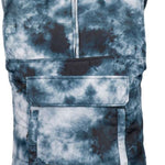Volcom Women's Packable Puff Vest 2023 - A blue and white tie-dye patterned vest with a high collar, zippered front, and two front pockets.