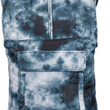 Volcom Women's Packable Puff Vest 2023 - A blue and white tie-dye patterned vest with a high collar, zippered front, and two front pockets.