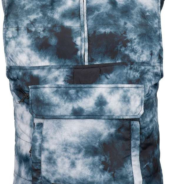 Volcom Women's Packable Puff Vest 2023 - A blue and white tie-dye patterned vest with a high collar, zippered front, and two front pockets.