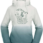 Volcom Women's Peak Pullover Fleece 2023 - A white fleece pullover with a hood and drawstring, featuring a small logo on the left chest area.