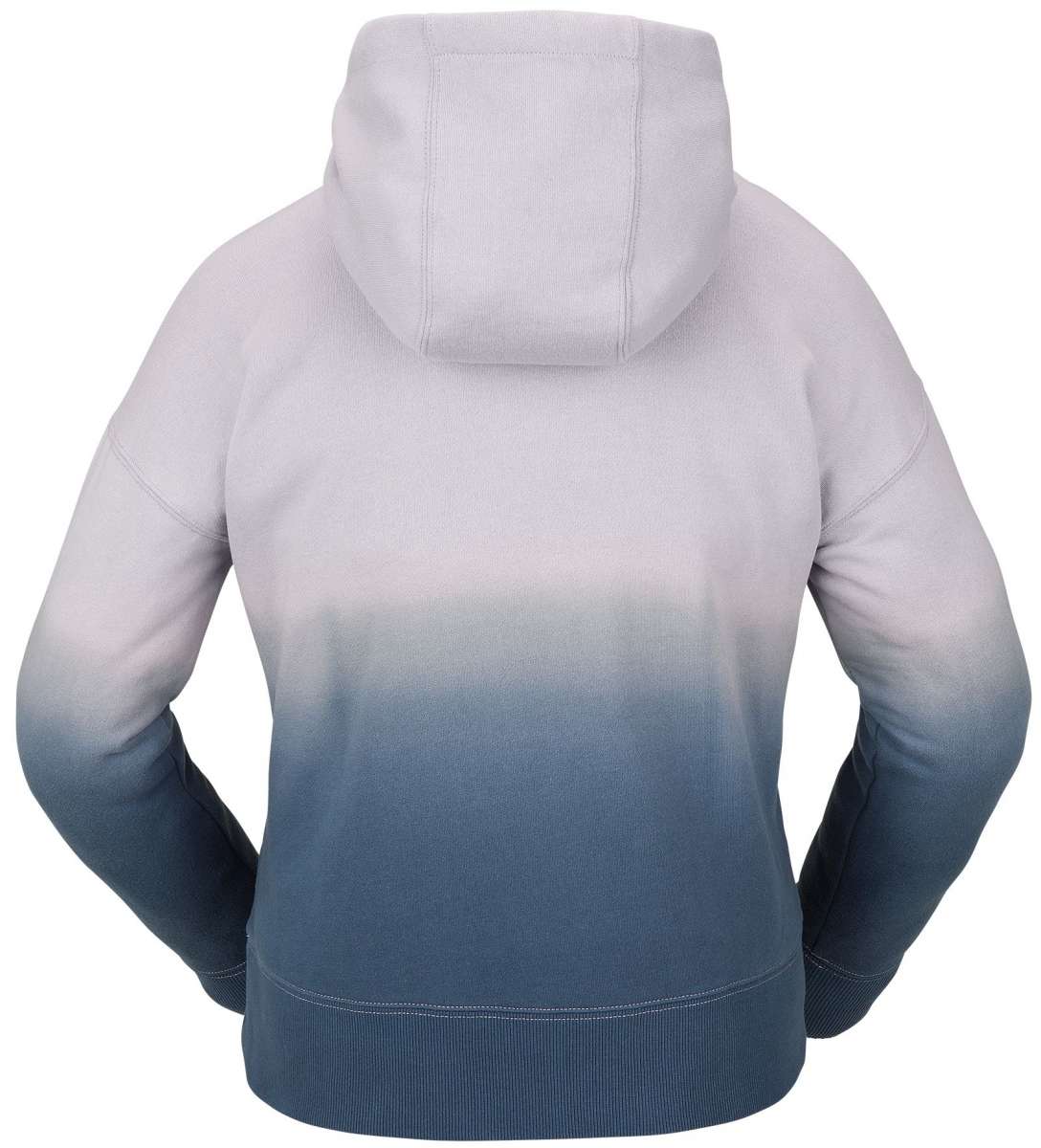 Volcom Women's Peak Pullover Fleece 2023 - A light gray fleece pullover with a hood and drawstring, featuring a subtle gradient effect that darkens towards the bottom hem.