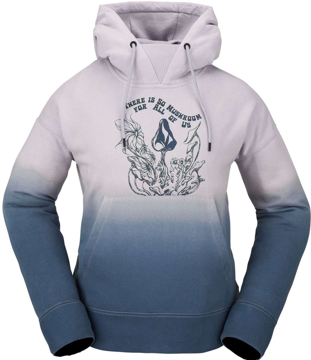 Volcom Women's Peak Pullover Fleece 2023 - A light gray fleece pullover with a hood and drawstring, featuring a small logo on the left chest area.