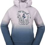 Volcom Women's Peak Pullover Fleece 2023 - A light gray fleece pullover with a hood and drawstring, featuring a small logo on the left chest area.