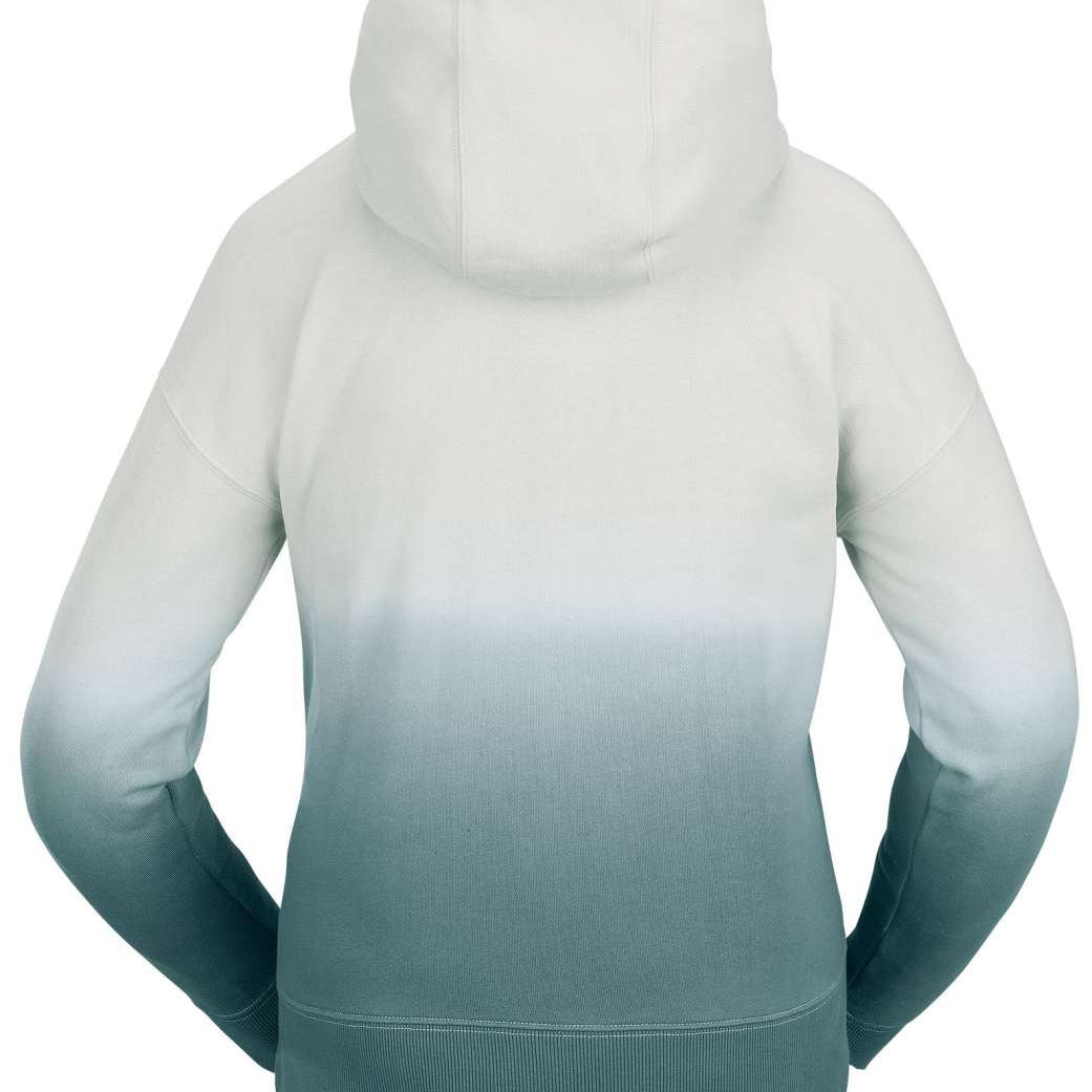 Volcom Women's Peak Pullover Fleece 2023 - A light blue ombre fleece pullover with a hood and drawstring.
