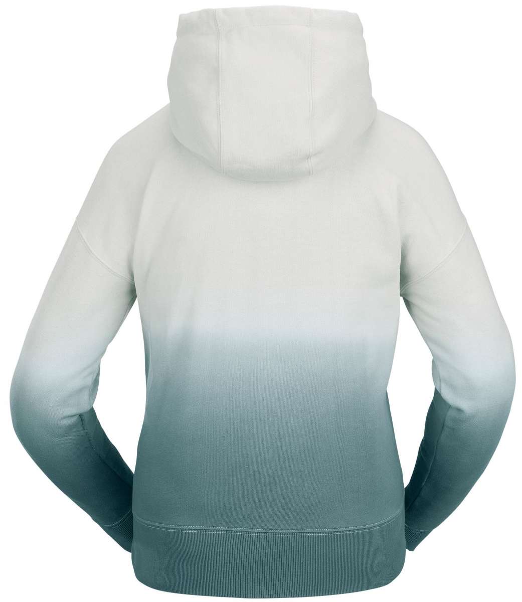Volcom Women's Peak Pullover Fleece 2023 - A light blue ombre fleece pullover with a hood and drawstring.
