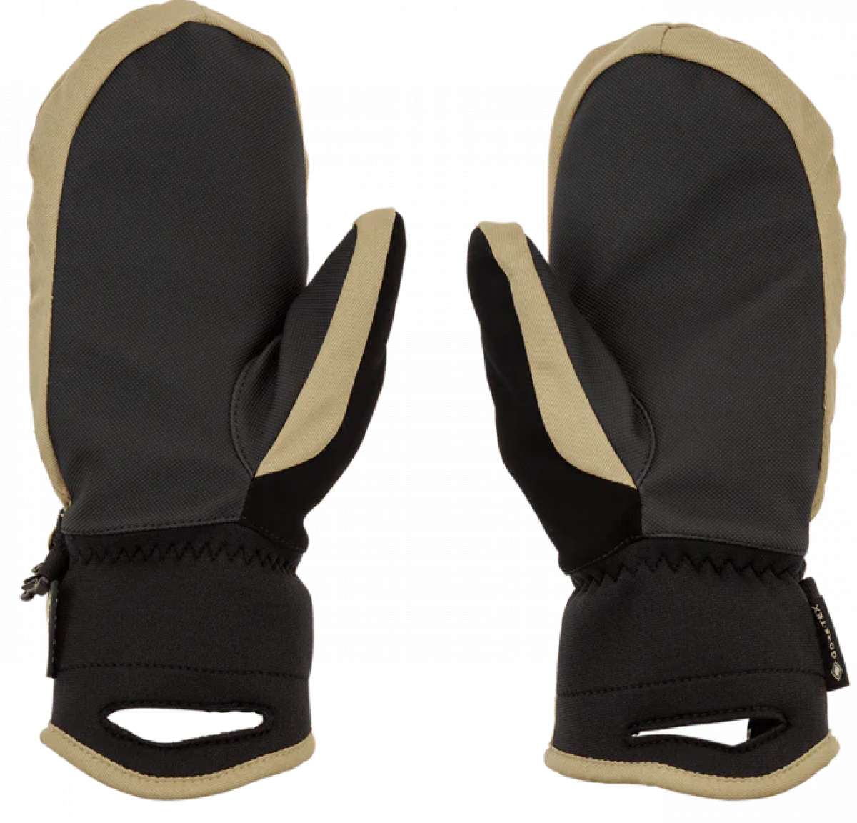 Volcom Women's Peep GORE-TEX Mittens - Black mittens with tan trim and a small black zipper on the cuff.