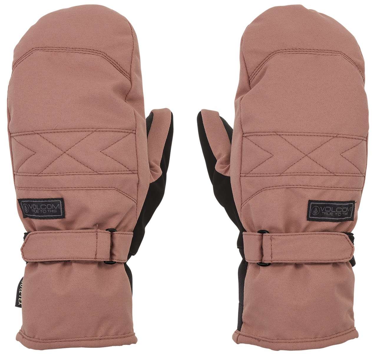 Volcom Women's Peep GORE-TEX Mittens - Mittens are light brown with a quilted pattern on top and black interior.