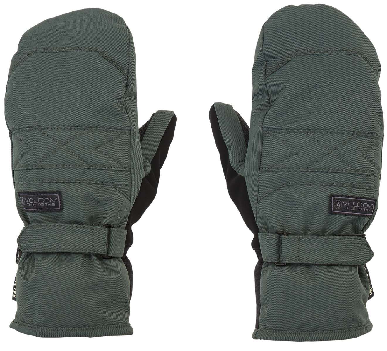 Volcom Women's Peep GORE-TEX Mittens - Pair of dark green mittens with quilted pattern and black strap on wrist.