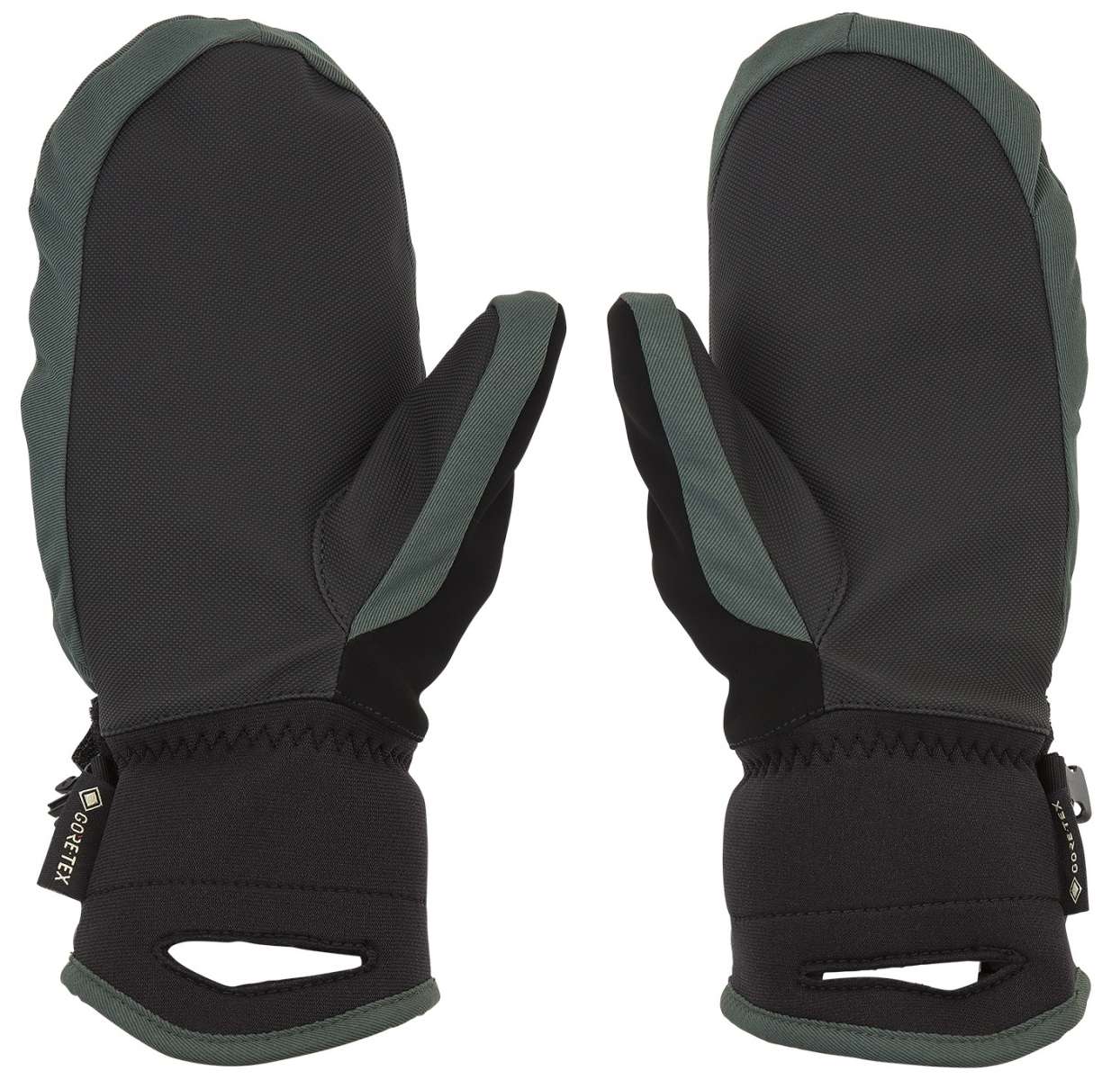 Volcom Women's Peep GORE-TEX Mittens - Black mittens with a textured pattern on the back and gray accents around the wrists.