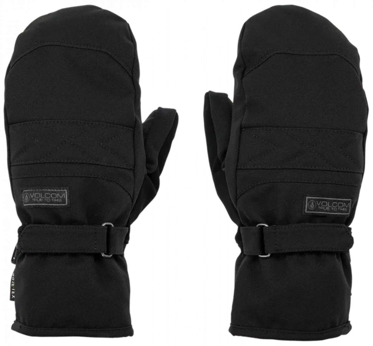 Volcom Women's Peep GORE-TEX Mittens - Black mittens with a textured pattern on the back and a strap closure at the wrist.