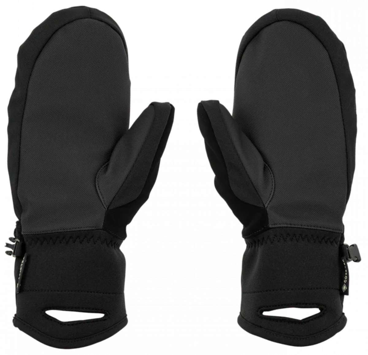 Volcom Women's Peep GORE-TEX Mittens - Black mittens with a textured pattern on the back and thumb, featuring a zippered closure at the wrist.