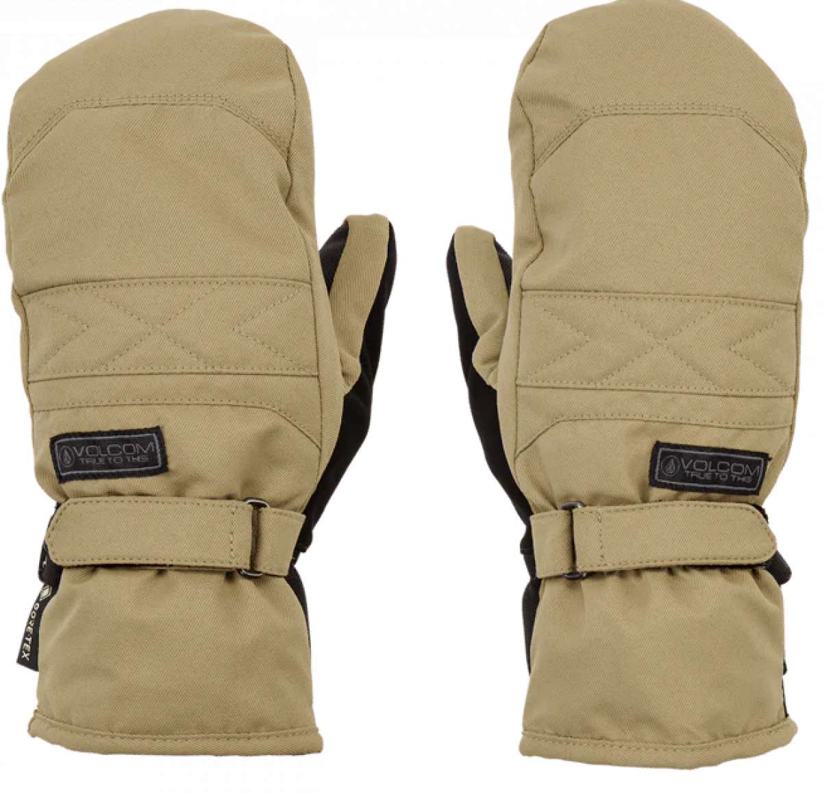 Volcom Women's Peep GORE-TEX Mittens - Mittens are tan with a quilted pattern on top and black trim around the wrist strap.