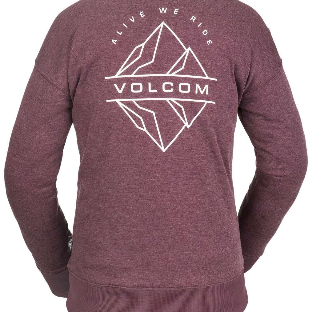 Volcom Women's Polartec Fleece Crew Neck Sweater 2022 - A heathered grey sweater with a crew neck and ribbed cuffs, featuring a large white logo on the chest.