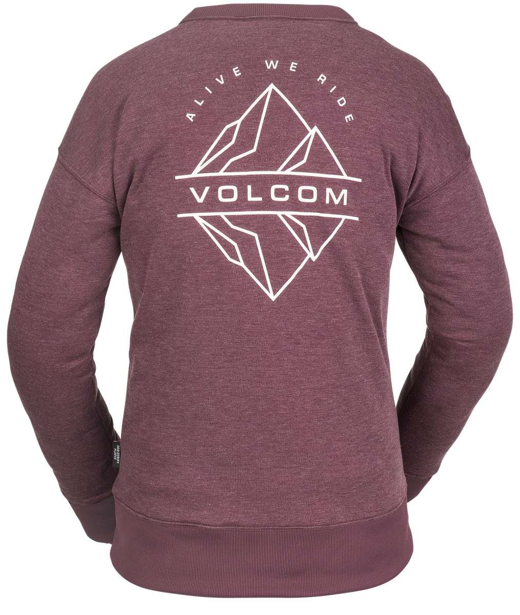 Volcom Women's Polartec Fleece Crew Neck Sweater 2022 - A heathered grey sweater with a crew neck and ribbed cuffs, featuring a large white logo on the chest.