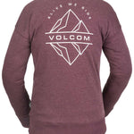 Volcom Women's Polartec Fleece Crew Neck Sweater 2022 - A heathered grey sweater with a crew neck and ribbed cuffs, featuring a large white logo on the chest.